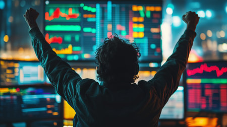 a person with arms raised in front of screens showing stock data, celebrating a successful transactionの素材