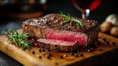 a close up shot of a juicy steak with rosemary and peppercorns on a wooden board, with red wine behind itの素材