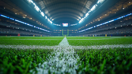 a low angle of a football field at night with white lines and goal post under bright stadium lights aboveの素材