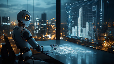 a robot analyzes data on holographic screens overlooking a futuristic city at night, showcasing advanced technologyの素材