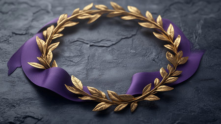 a golden laurel wreath with a purple ribbon on a textured gray background in a studio shot close up viewの素材