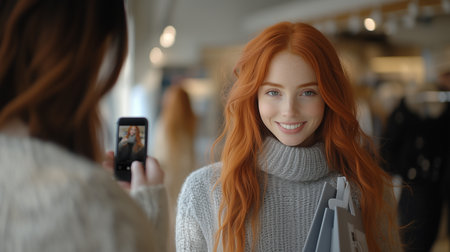 a woman with red hair is smiling while another woman takes her photo with a smartphone indoors at a shopの素材