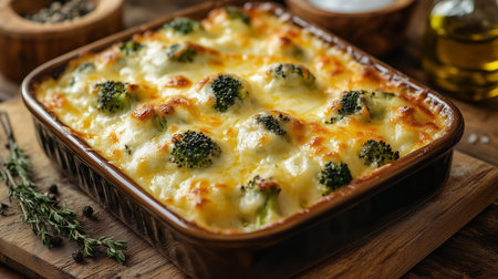 a delicious broccoli and cheese casserole in a brown dish, baked and ready to be served on a wooden boardの素材