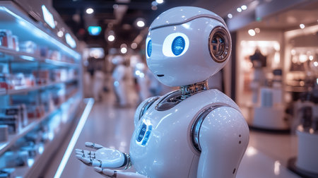 a sleek white robot stands in a store, its blue eyes glowing, ready to assist shoppers with their needsの素材