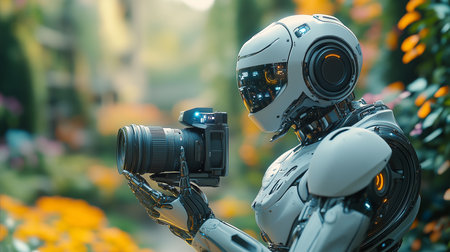 a robot holds a camera in a garden, capturing the beauty of nature with its advanced technology today.の素材