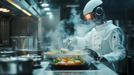 a robot chef in a kitchen prepares a meal with steam rising from the dish and pots nearby on the stoveの素材