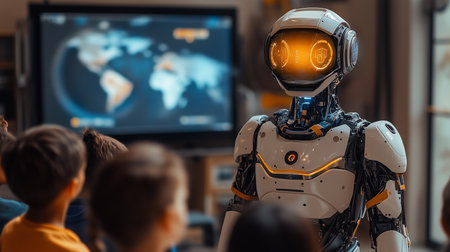 a robot stands before children in a classroom, a world map displayed on the screen behind them.の素材