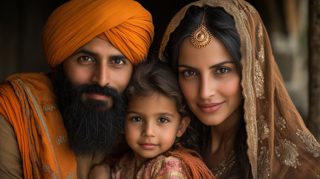 a sikh family portrait featuring a man woman and child in traditional clothing looking at the camera closelyの素材