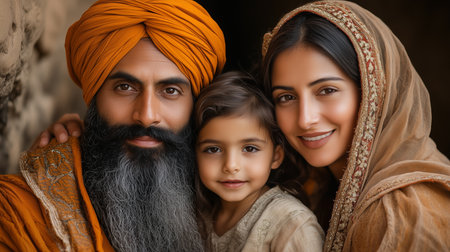 a sikh family portrait featuring a man, woman, and child, all smiling and dressed in traditional attireの素材