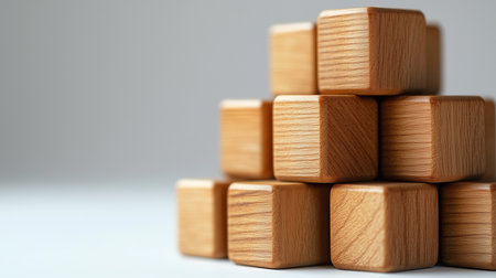 a pyramid of wooden blocks stacked on a white surface with a gray background in a close up studio shotの素材