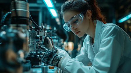 a focused woman in a lab coat and safety glasses works on complex machinery in a modern laboratory settingの素材