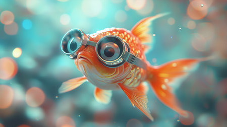 a goldfish with goggles swimming in a blurry background with orange bokeh circles floating around itの素材
