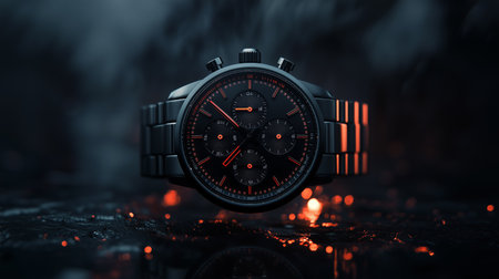a sleek black wristwatch with orange details is displayed against a dark and reflective background.の素材