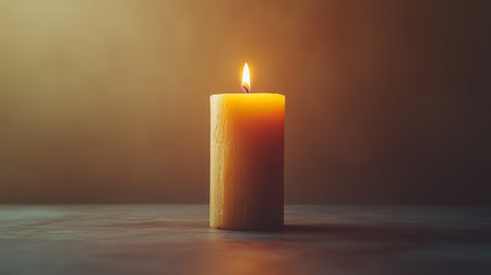 a single candle glows warmly against a brown background, casting soft light onto a gray surface below itの素材