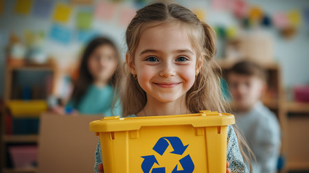 a young girl smiles holding a yellow recycling bin in a classroom setting with other children presentの素材