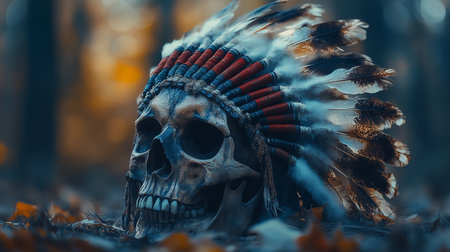 a skull with a native american headdress is lying on the ground in a forest with fallen leaves around itの素材