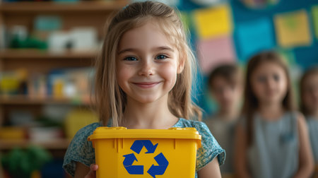 a happy child holds a recycling bin in her classroom, promoting environmental awareness and sustainabilityの素材