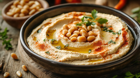 a close up shot of a bowl of hummus topped with beans and herbs, placed on a wooden surface in soft lightingの素材