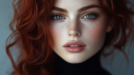 a stunning redhead with captivating eyes, her pale skin and freckles enhanced by soft natural lightingの素材