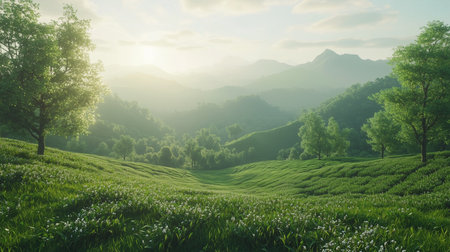 a beautiful landscape featuring rolling green hills, trees, and distant mountains under a bright sky.の素材