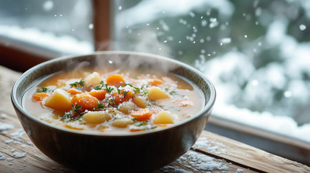 a steaming bowl of vegetable soup sits by a window with falling snow, a warm and cozy winter sceneの素材