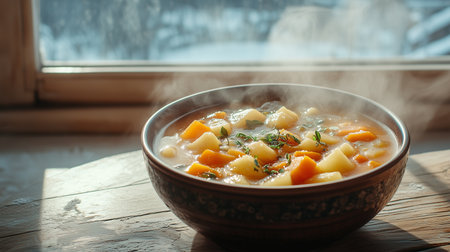 a bowl of steaming vegetable soup sits on a wooden table, near a window with a wintery backgroundの素材