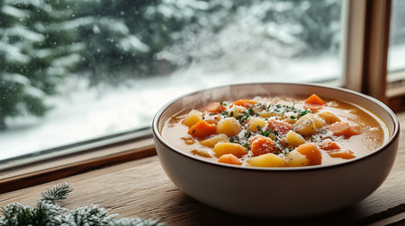 a bowl with hot vegetable soup sits on a wooden table, with a snowy winter scene visible through the windowの素材