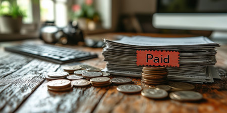 a stack of papers with a paid stamp and coins on a wooden desk with a keyboard and camera in backgroundの素材