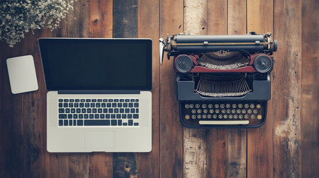 a laptop and typewriter are on a wooden table with a notepad and flowers from an overhead perspectiveの素材