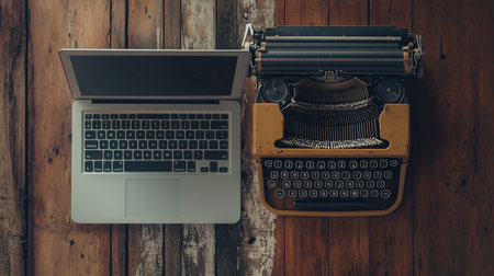 a laptop and a vintage typewriter are placed side by side on a wooden surface showing evolution of toolsの素材