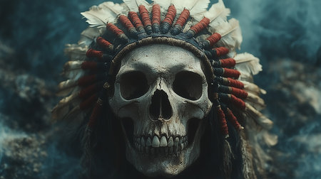 a skull wearing a headdress with red and white feathers, set against a smoky and artistic backgroundの素材