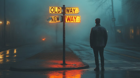a man stands on a foggy street at night near a signpost that says old way and new way on the signsの素材