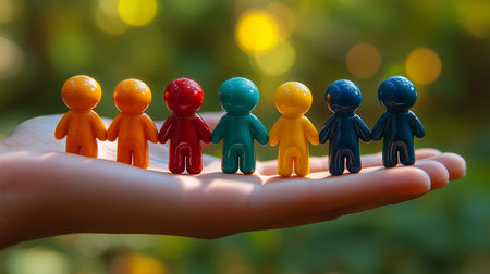 a close up shot of colorful toy figures standing on a hand against a blurred green background outsideの素材