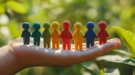 a hand holds seven colorful figures against a blurred green background, symbolizing unity and diversityの素材