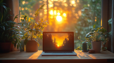 a laptop sits on a desk near a window, surrounded by plants and bathed in the warm glow of sunset lightの素材