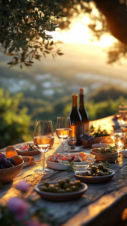 a table set with wine and food, bathed in the warm glow of the setting sun, creating a scenic ambianceの素材