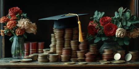 a graduation cap sits atop stacks of coins, with flowers and books in the background, on wood surfaceの素材