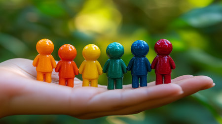 a hand holding colorful toy figures in a line, with a blurred green foliage background outside shotの素材