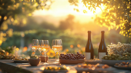a beautiful outdoor scene with wine glasses bottles and food on a table with a sunset in the backgroundの素材
