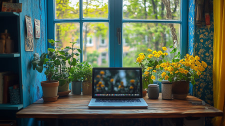 a laptop sits on a wooden desk surrounded by plants and yellow flowers near a blue window with a view outsideの素材