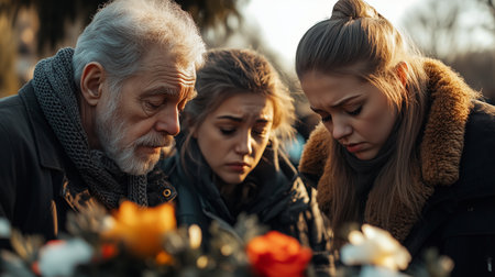 a somber scene with three individuals reflecting amidst flowers, conveying a sense of loss and remembranceの素材