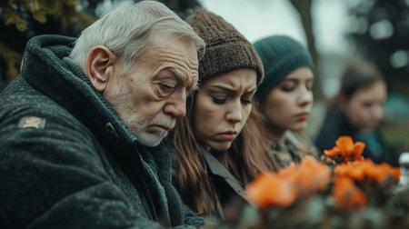 a family mourns together at a grave site, with orange flowers offering a touch of color in the somber sceneの素材