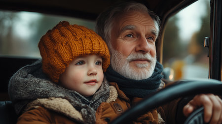 a grandfather and grandson are driving in a car together on a winter day looking out the window smilingの素材