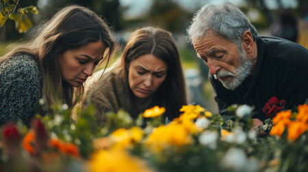 three people are tending to a flower bed with orange and yellow flowers in an outdoor setting togetherの素材