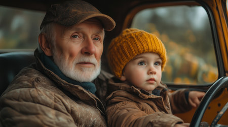 a grandfather and his grandson are in a car looking forward together with serious expressions on their facesの素材