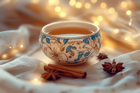 a still life featuring a patterned teacup with tea cinnamon sticks and star anise on white fabric with soft lightの素材