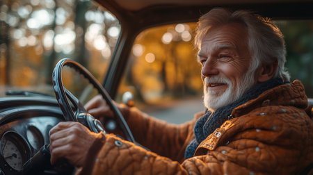 a senior man smiles while driving a classic car on an autumn day with blurred background and road aheadの素材