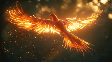 a phoenix in flight, its wings ablaze with fiery colors and golden sparks surrounding it in the dark skyの素材