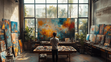a person in a studio stands before a large abstract painting, surrounded by many other paintings around spaceの素材