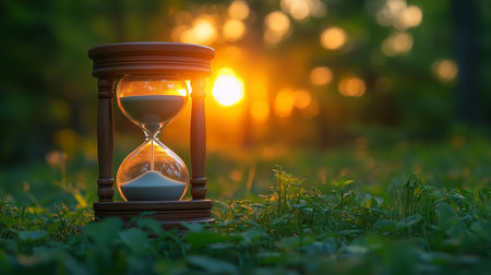 a wooden hourglass sits on green grass with the sun setting in the background, a peaceful scene viewの素材
